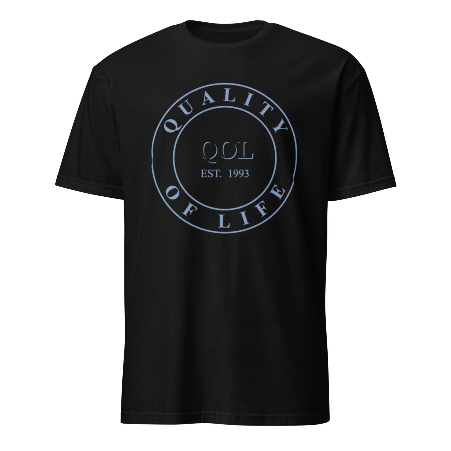 Quality of Life Short Sleeve Unisex T-Shirt, Greyish Blue Logo, by Peeled Back University